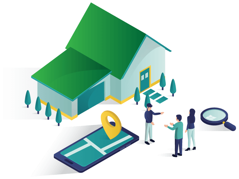 Illustration of home with phone and magnifying glass.