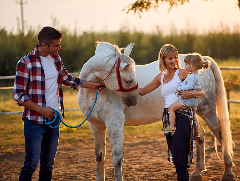 Couple with child and a horse.